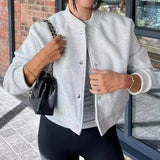 Bomber Jacket Cropped Ribbed Snap Button Women's