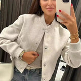 Bomber Jacket Cropped Ribbed Snap Button Women's
