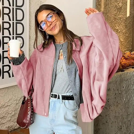 Bomber Jacket Zip Front Cropped Pointed Collar Women's