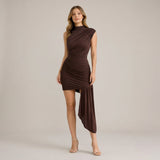 Asymmetric Draped Mini Dress with One Shoulder Design