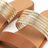 Women’s Flat Slide Sandals with Multi Strap Metallic Design
