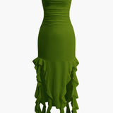 Strapless Fringe Hem Bodycon Midi Dress
