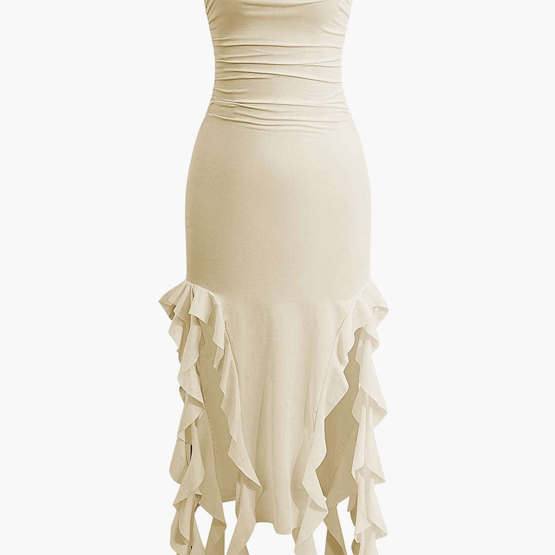 Strapless Fringe Hem Bodycon Midi Dress