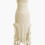 Strapless Fringe Hem Bodycon Midi Dress