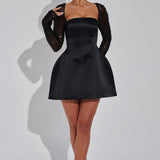 Satin Mini Dress with Embellished Long Sleeves and Square Neckline