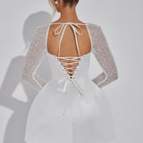 Satin Mini Dress with Embellished Long Sleeves and Square Neckline