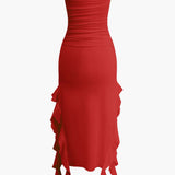 Strapless Fringe Hem Bodycon Midi Dress