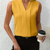 Women's V-Neck & Sleeveless Pleated Top - Matte Weave Finish