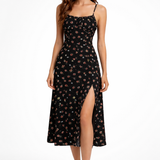 Elise Polka Dot Floral Midi Dress with Side Slit