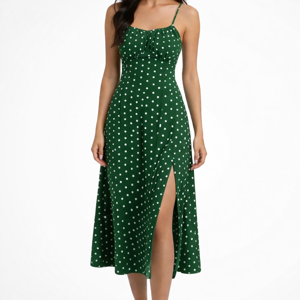Elise Polka Dot Floral Midi Dress with Side Slit