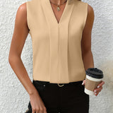 Women's V-Neck & Sleeveless Pleated Top - Matte Weave Finish