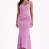 Grace Structured Corset Midi Dress with Ruched Waist and High Low Hem