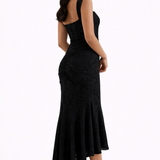 Grace Structured Corset Midi Dress with Ruched Waist and High Low Hem