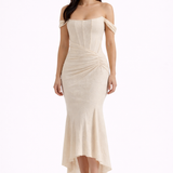 Grace Structured Corset Midi Dress with Ruched Waist and High Low Hem