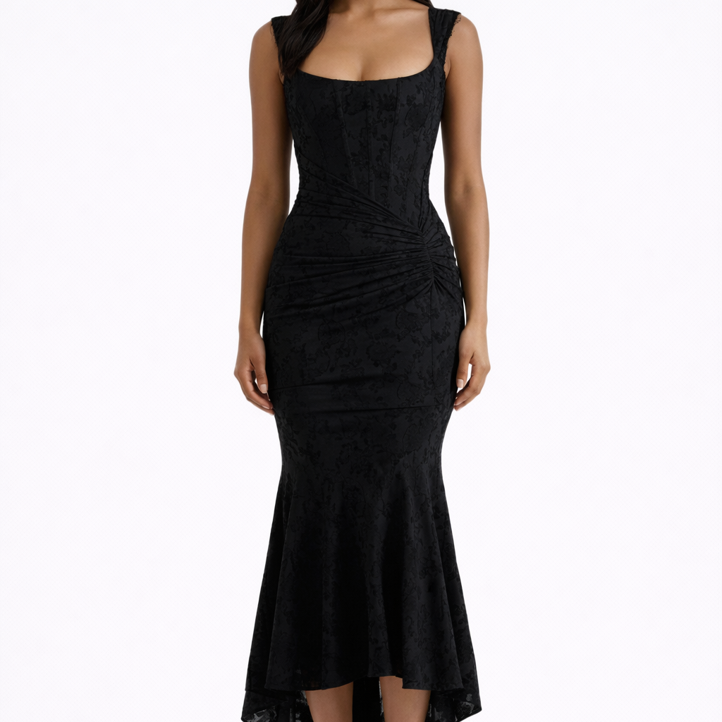 Grace Structured Corset Midi Dress with Ruched Waist and High Low Hem