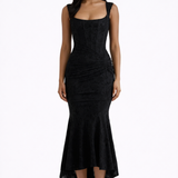Grace Structured Corset Midi Dress with Ruched Waist and High Low Hem
