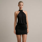 Halter Neck Mini Dress with Draped Top and Bodycon Fit