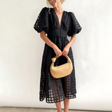 Eyelet Lace Midi Dress – Puff Sleeve Summer Dress