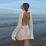 Open Back Crochet Mini Dress – Long Sleeve Beach Cover Up