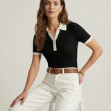 Women Contrast Collar Knit Polo Top