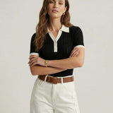Women Contrast Collar Knit Polo Top