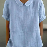 Linen Peter Pan Collar Top Short Sleeve Casual Blouse