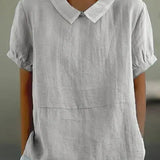 Linen Peter Pan Collar Top Short Sleeve Casual Blouse