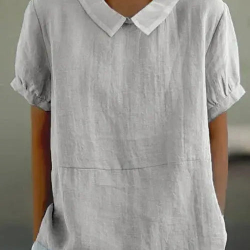 Linen Peter Pan Collar Top Short Sleeve Casual Blouse