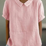 Linen Peter Pan Collar Top Short Sleeve Casual Blouse