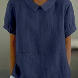 Linen Peter Pan Collar Top Short Sleeve Casual Blouse