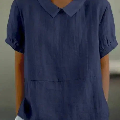 Linen Peter Pan Collar Top Short Sleeve Casual Blouse