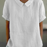 Linen Peter Pan Collar Top Short Sleeve Casual Blouse