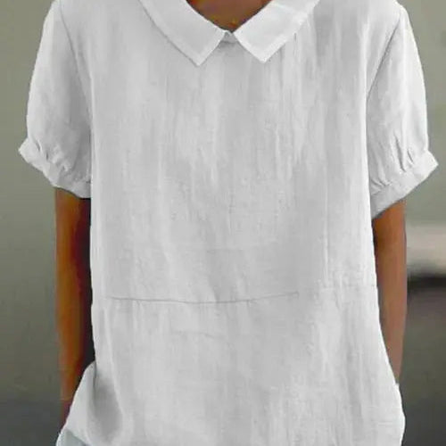 Linen Peter Pan Collar Top Short Sleeve Casual Blouse