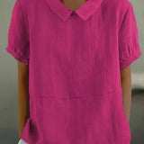Linen Peter Pan Collar Top Short Sleeve Casual Blouse