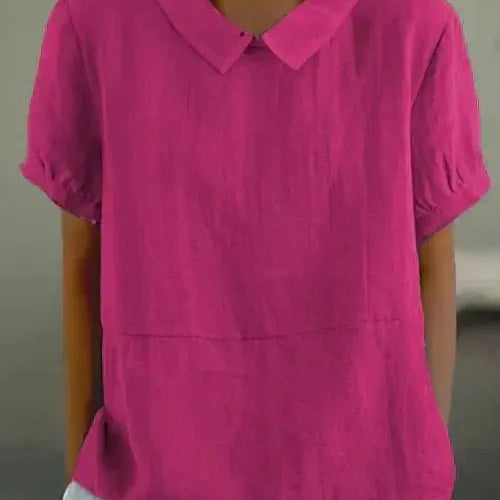 Linen Peter Pan Collar Top Short Sleeve Casual Blouse