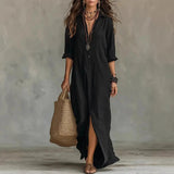 Amysaint | Linen Shirt Dress Long Sleeve Button Down Maxi