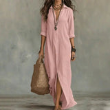 Amysaint | Linen Shirt Dress Long Sleeve Button Down Maxi