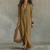 Amysaint | Linen Shirt Dress Long Sleeve Button Down Maxi