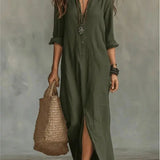 Amysaint | Linen Shirt Dress Long Sleeve Button Down Maxi