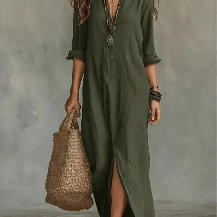 Amysaint | Linen Shirt Dress Long Sleeve Button Down Maxi