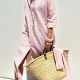 Amysaint | Linen Striped Shirt Dress Collared Button-Down Midi
