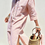 Amysaint | Linen Striped Shirt Dress Collared Button-Down Midi