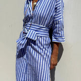 Amysaint | Linen Striped Shirt Dress Collared Button-Down Midi
