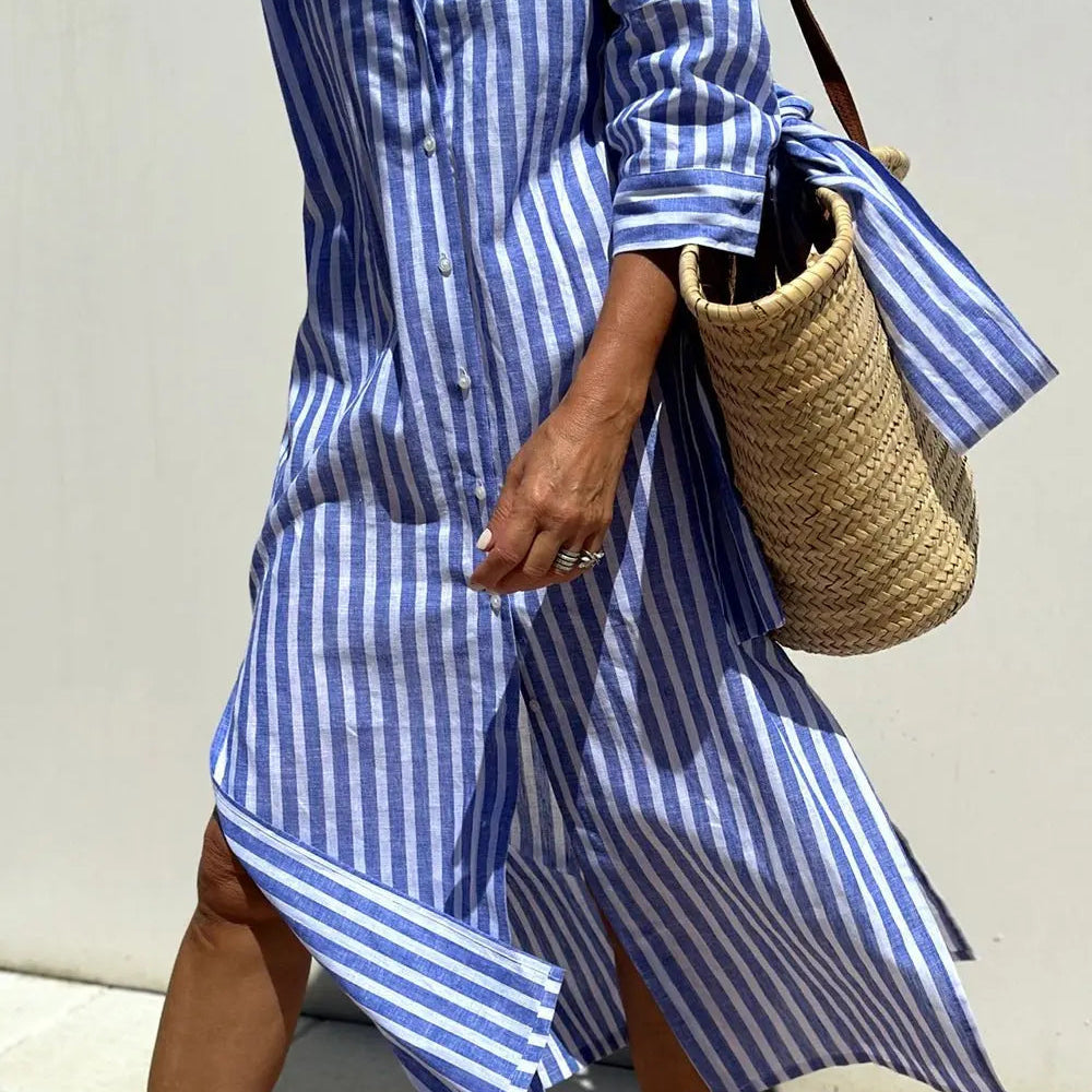 Amysaint | Linen Striped Shirt Dress Collared Button-Down Midi