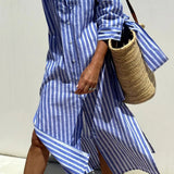 Amysaint | Linen Striped Shirt Dress Collared Button-Down Midi