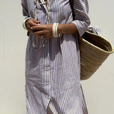 Amysaint | Linen Striped Shirt Dress Collared Button-Down Midi