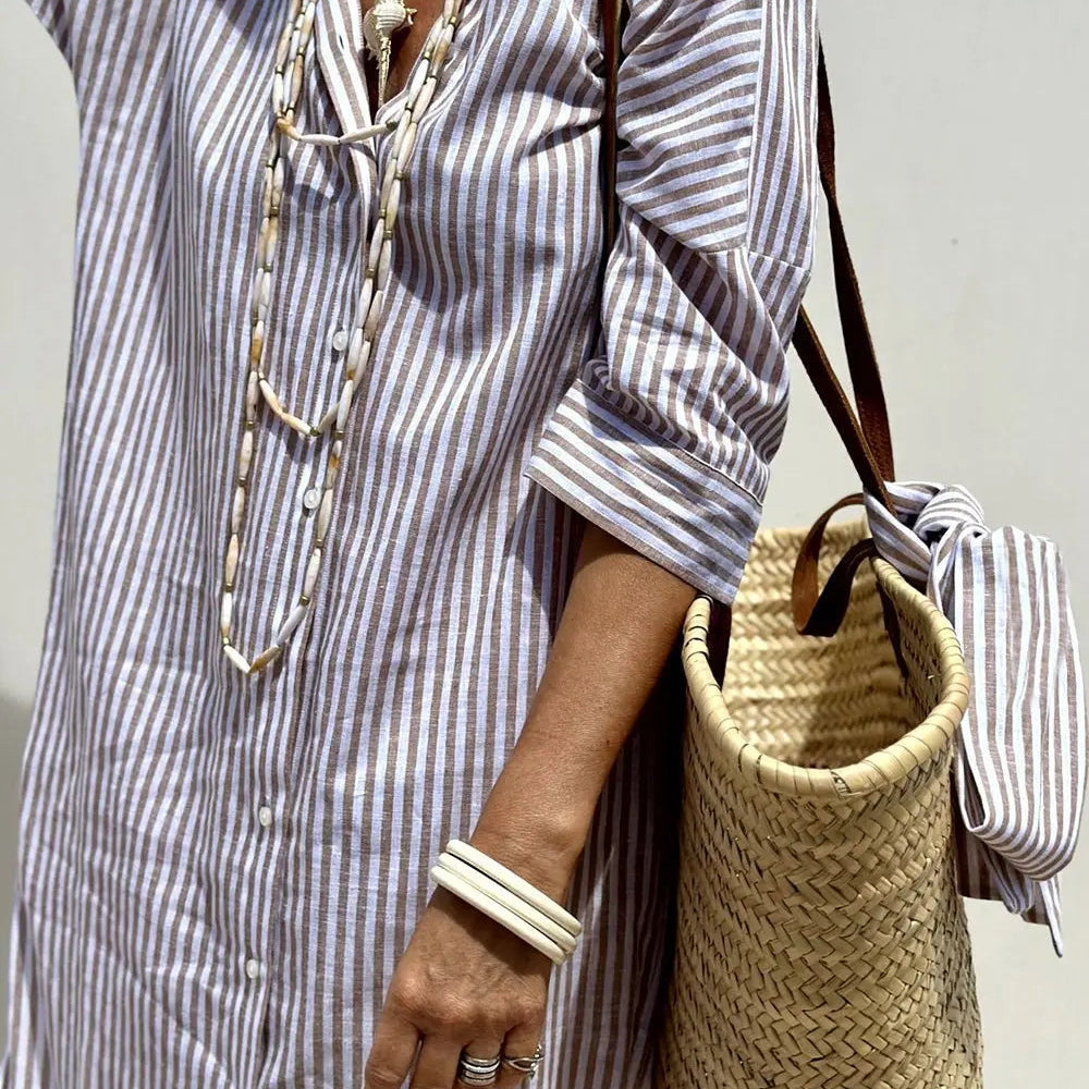 Amysaint | Linen Striped Shirt Dress Collared Button-Down Midi