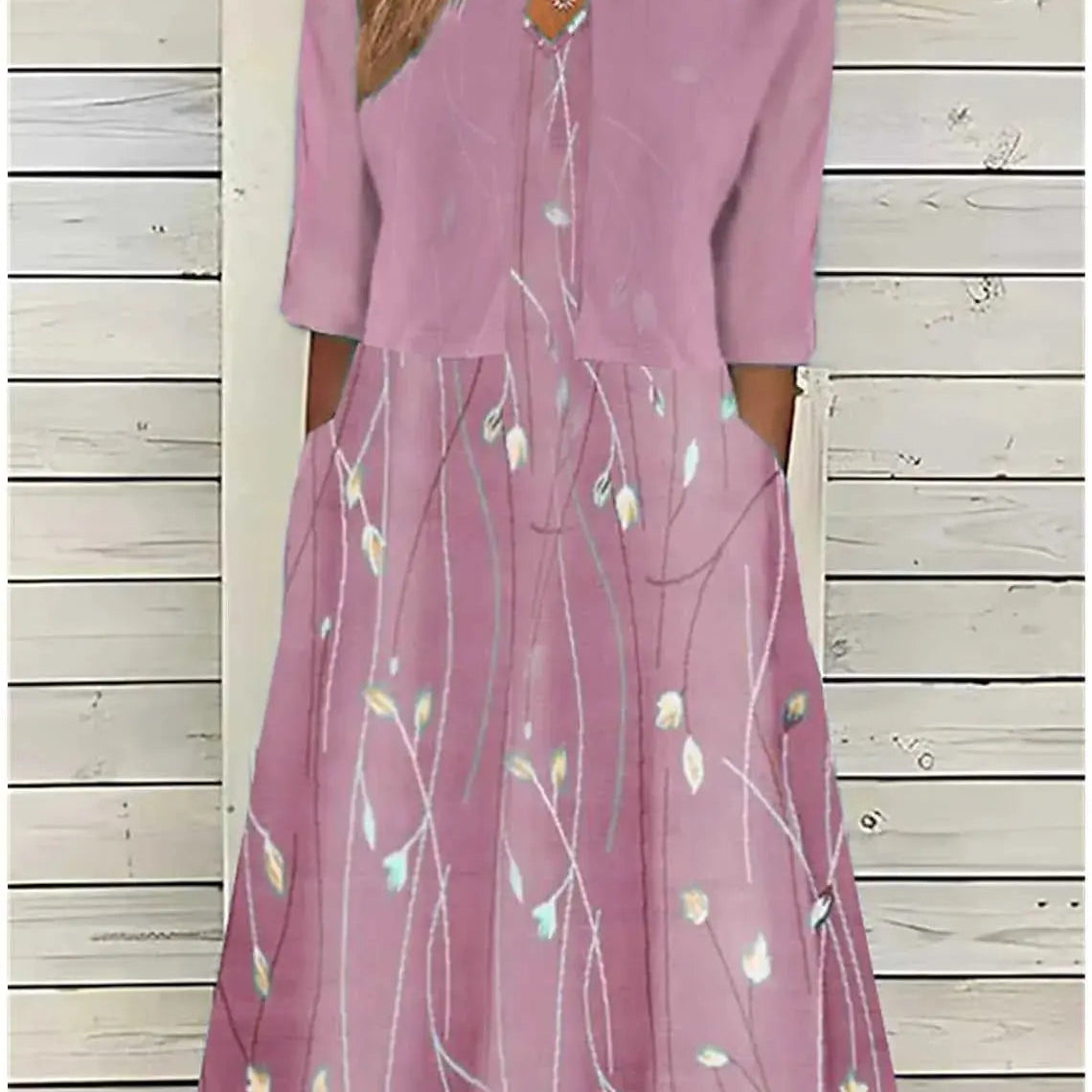 Amysaint | Midi Dress Half Sleeves Round Neck Floral Pattern