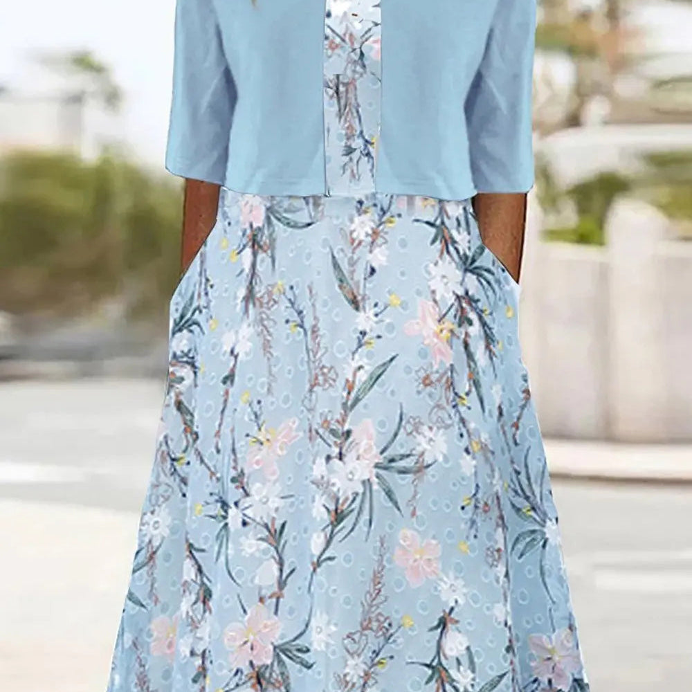 Amysaint | Midi Dress Half Sleeves Round Neck Floral Pattern