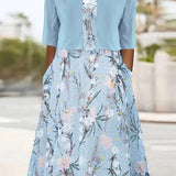 Amysaint | Midi Dress Half Sleeves Round Neck Floral Pattern